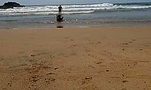 Pasangan yang nyata menikmati nuditas di depan umum di pantai